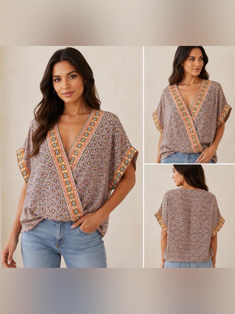 Max Studio Multi Floral V-Neck Border-Trim Blouse XL. NWT